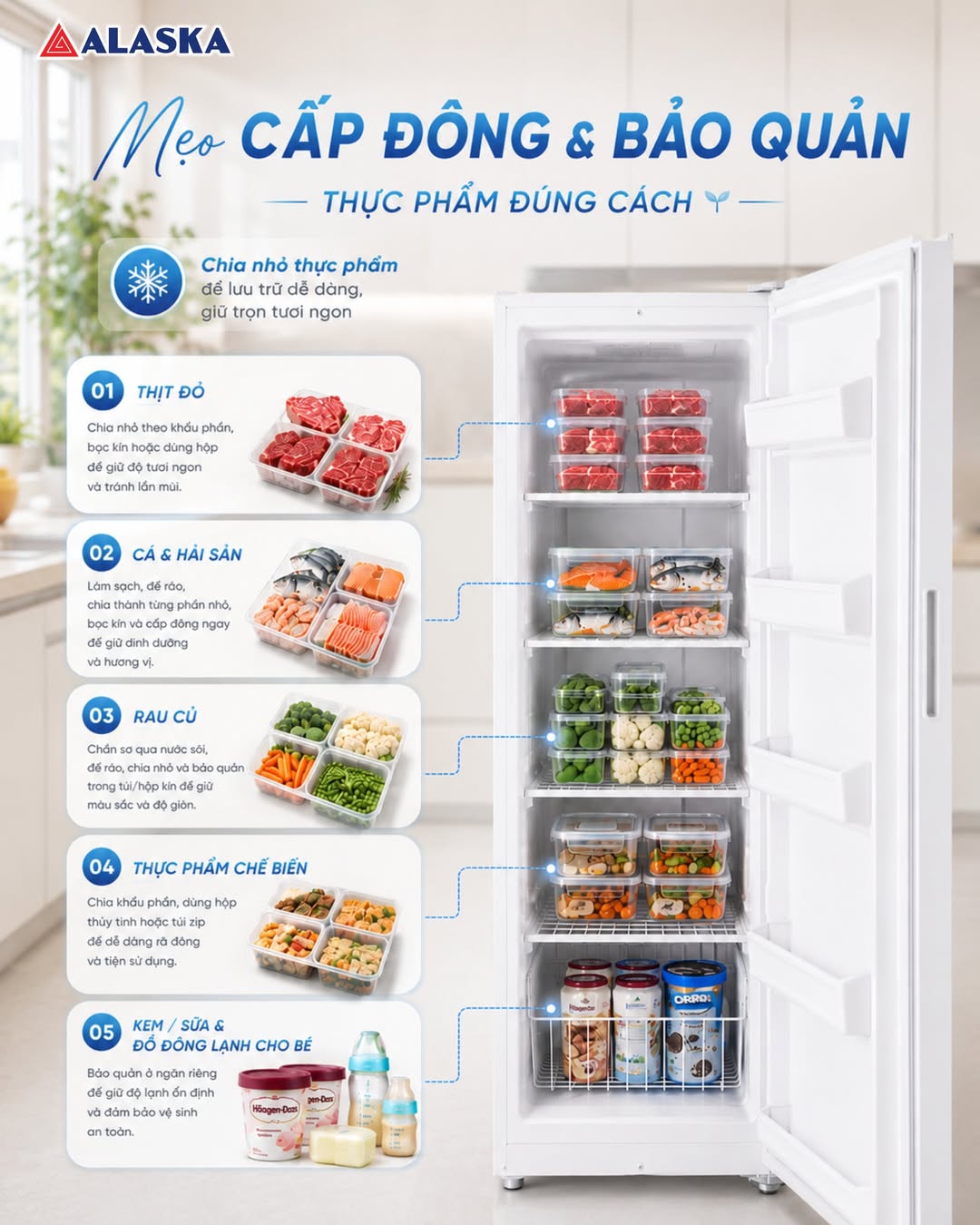 Cách sắp xếp hàng hóa trong tủ đông đứng Alaska