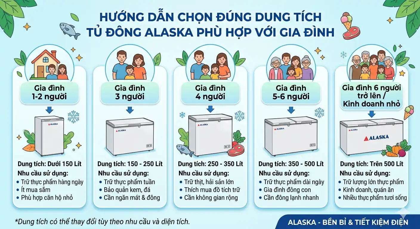 Bảng hướng dẫn chọn dung tích tủ đông theo số người