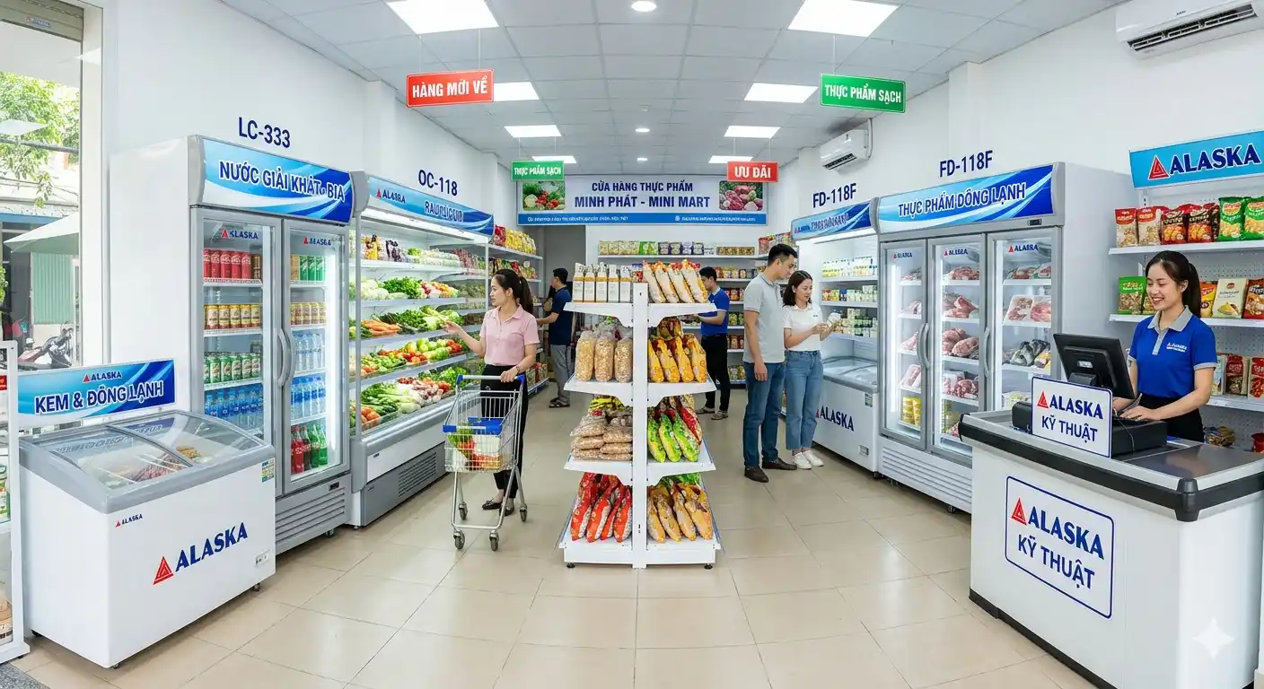Setup siêu thị mini, cửa hàng thực phẩm với thiết bị lạnh Alaska