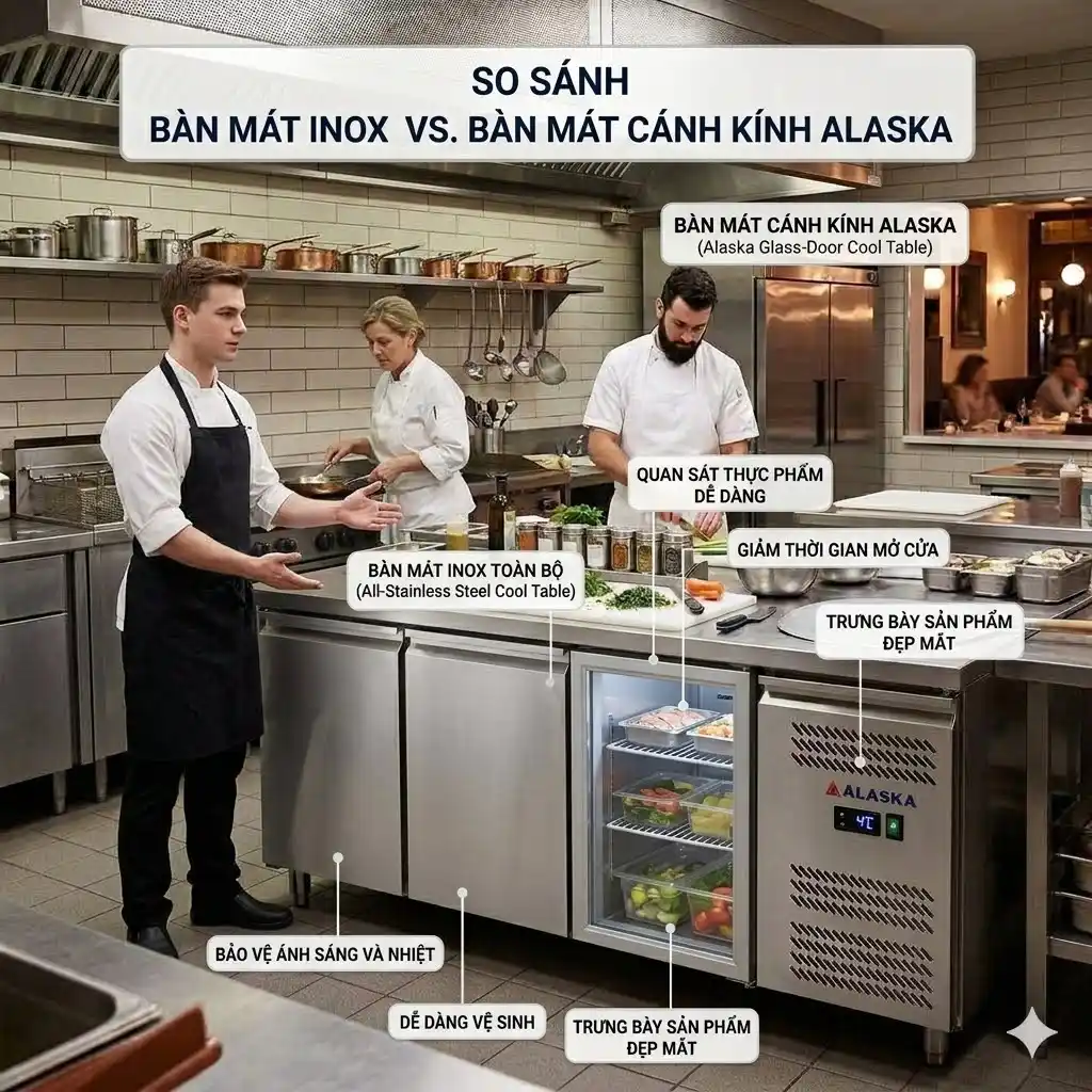 So sánh bàn mát Inox và bàn mát cánh kính Alaska