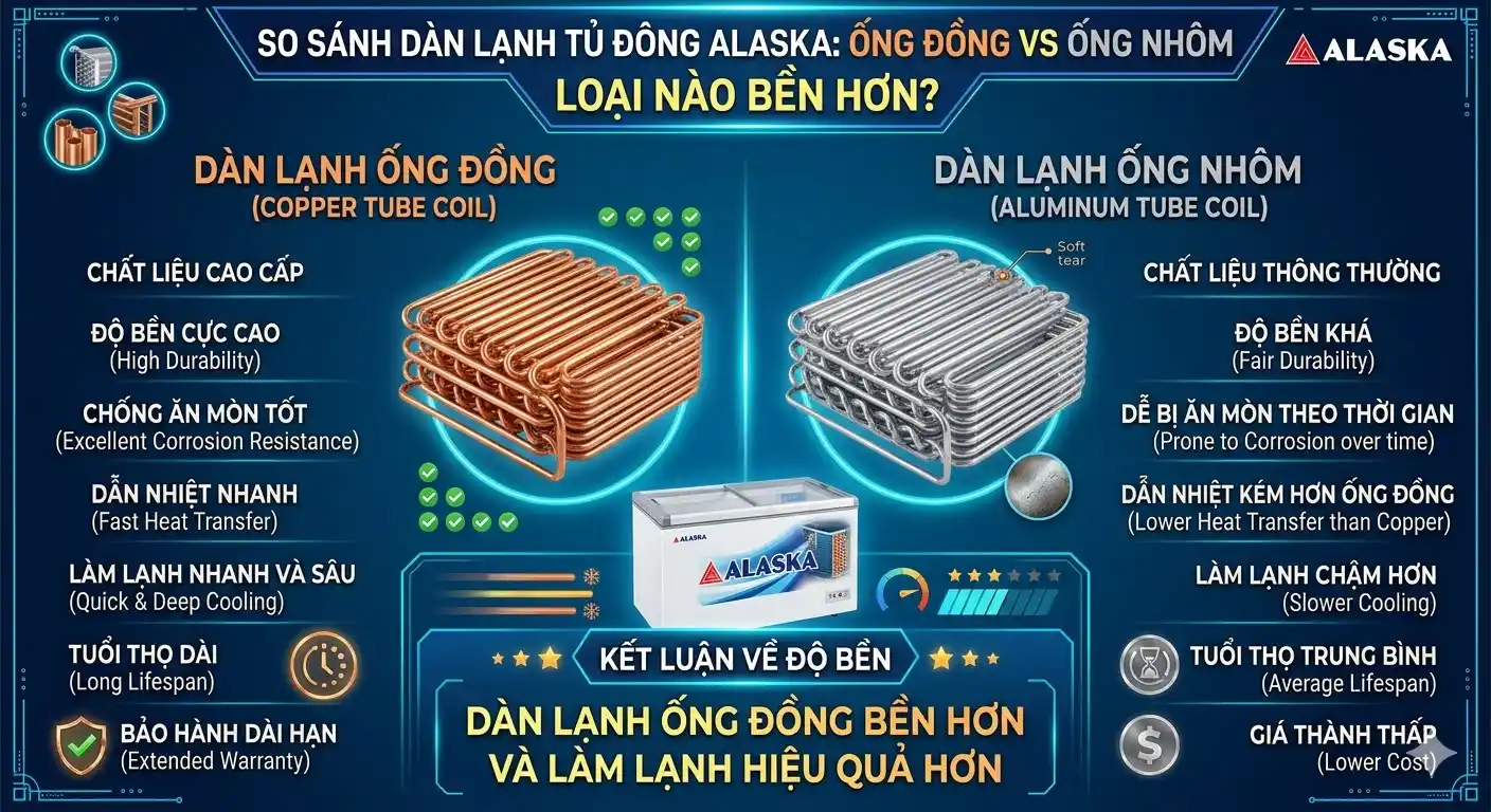 So sánh dàn lạnh ống đồng và ống nhôm tủ đông Alaska