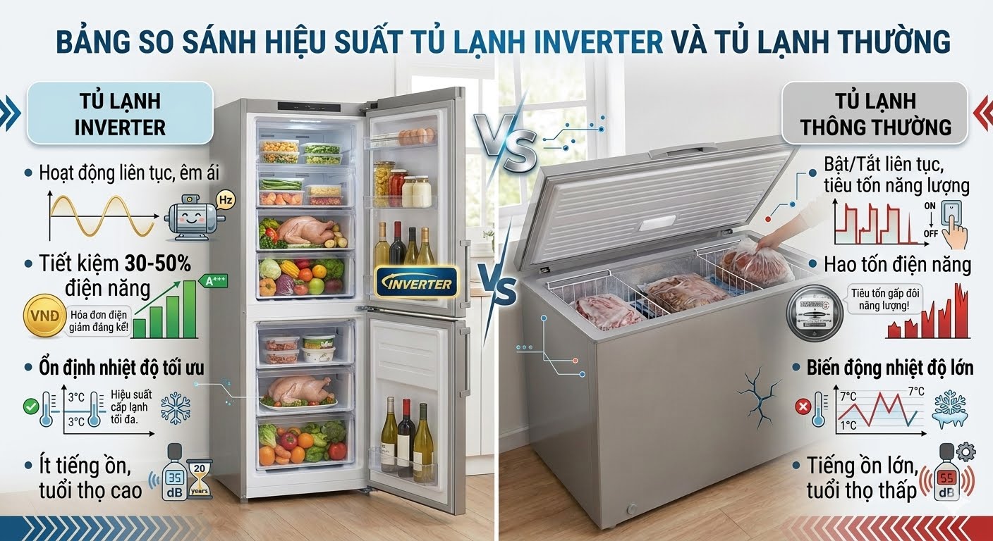 bảng so sánh hiệu suất tủ lạnh Inverter và tủ lạnh thường
