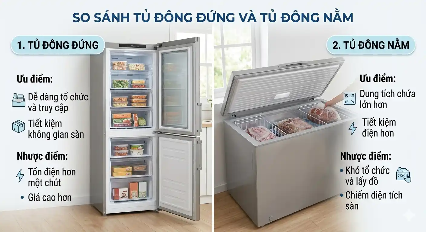 so sánh tủ đông đứng và tủ đông nằm alaska 2026