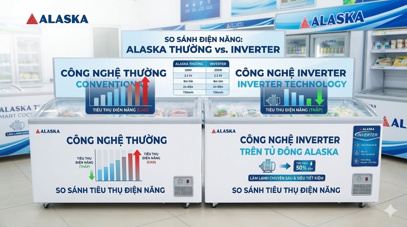 So sánh điện năng tiêu thụ tủ đông Alaska