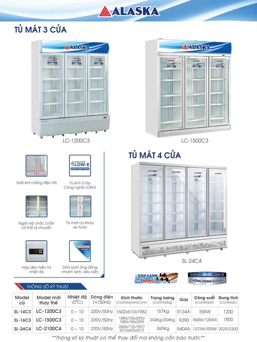 Thông số kỹ thuật tủ mát 3 cánh Alaska LC series