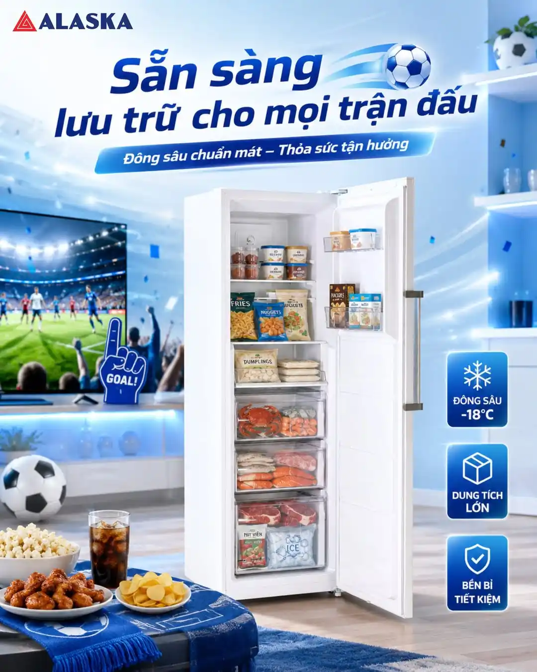 tủ đông đứng alaska sẵn sàng lưu trữ cho mọi trận đấu wold cup 2026