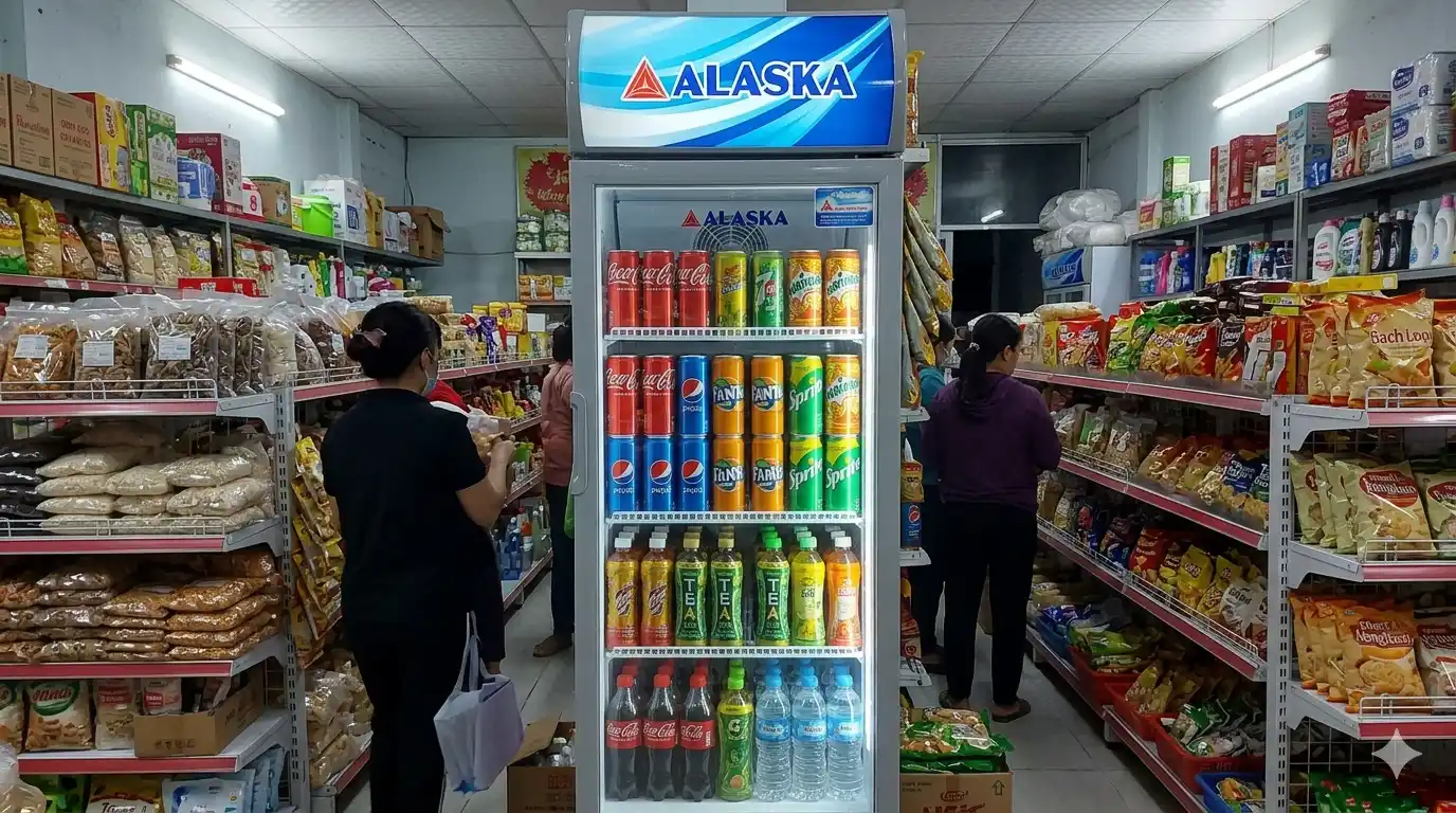 Tủ mát Alaska 250L trưng bày nước ngọt tại tiệm tạp hóa