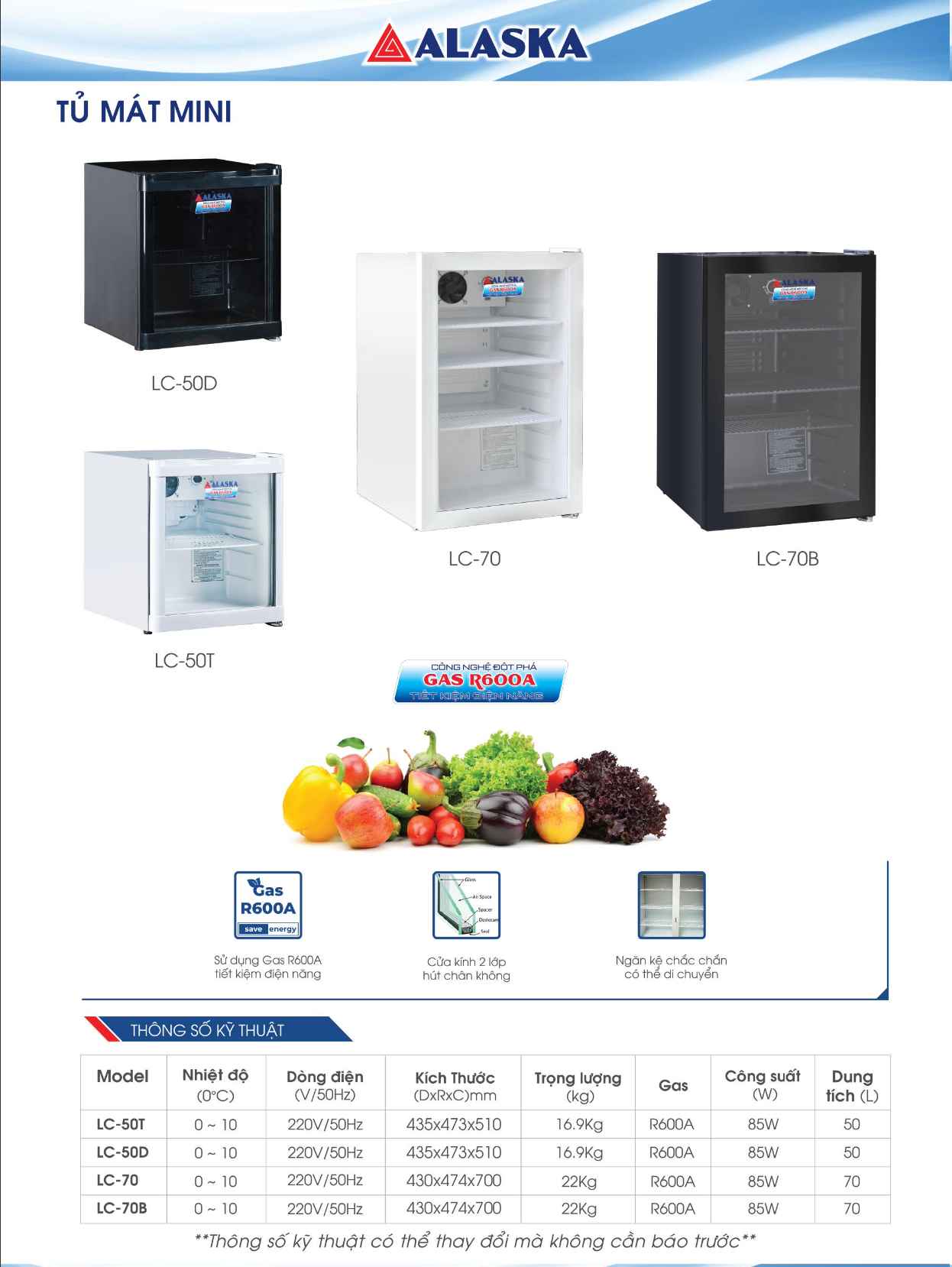 Thông số kỹ thuật tủ trưng bày Alaska mini LC series