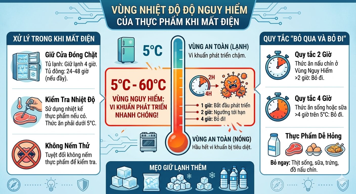 Vùng nhiệt độ nguy hiểm của thực phẩm khi mất điện