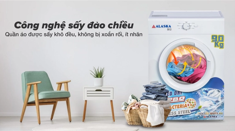 công nghệ sấy đảo chiều máy sấy quần áo alaska S90