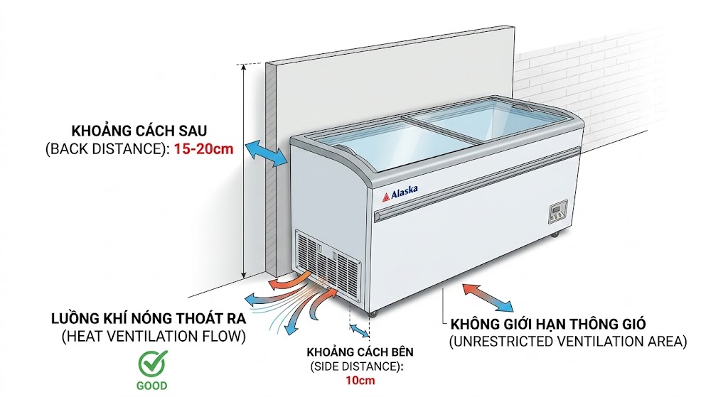 Khoảng cách lắp đặt tủ đông Alaska chuẩn kỹ thuật tản nhiệt
