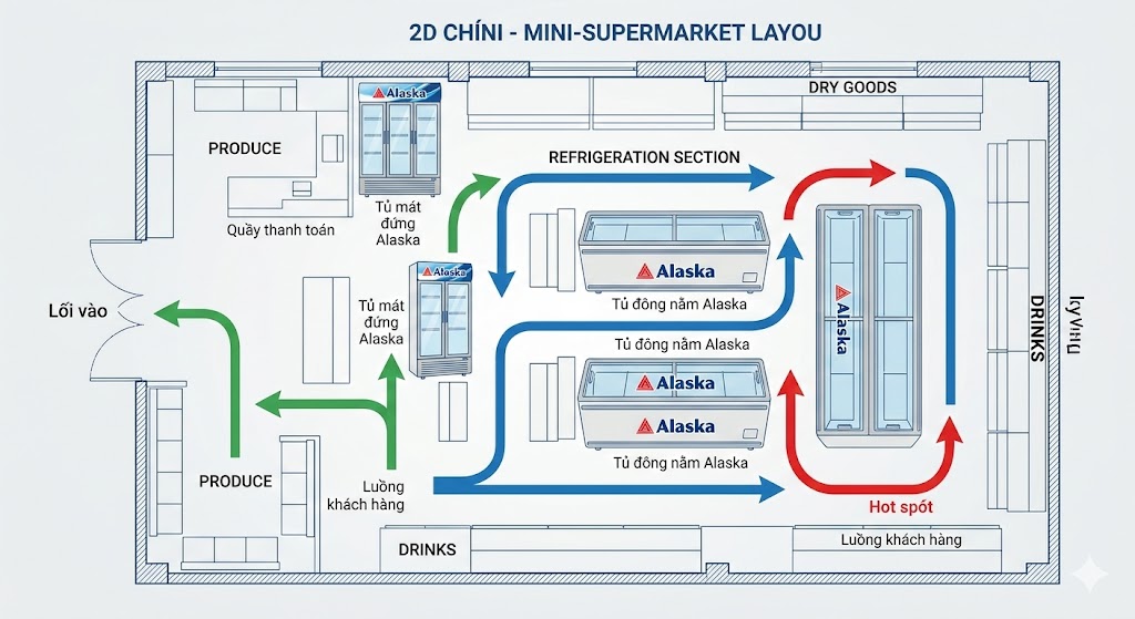 Sơ đồ bố trí tủ mát và tủ đông thu hút khách hàng trong siêu thị