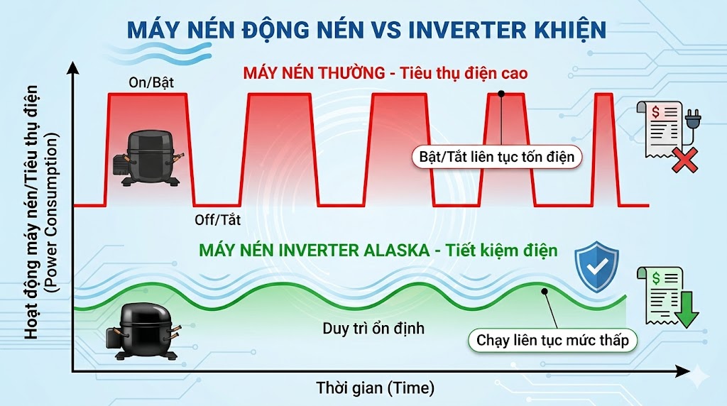 Sơ đồ hoạt động và mức tiêu thụ điện của máy nén Inverter Alaska