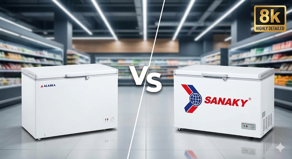so sánh tủ đông Alaska và tủ đông Sanaky VS ở siêu thị